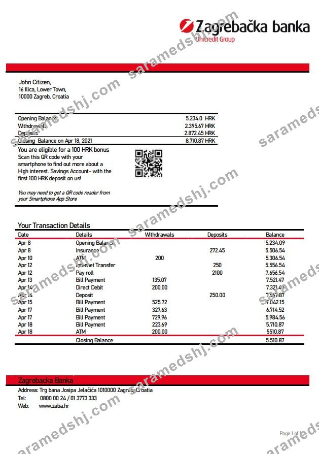 Croatia Zagrebačka Bank statement